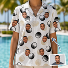 Woman wearing Women's Dimple Dash Custom Face Hawaiian Shirt — custom faces printed all-over