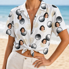 Woman wearing Women's Dimple Dash Custom Face Hawaiian Shirt tied at the waist