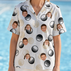 Model wearing Women's Dimple Dash Custom Face Hawaiian Shirt printed with kids' faces