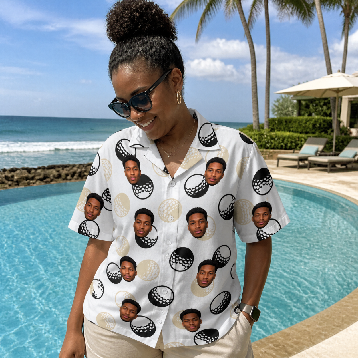 Real-life photo of someone wearing Women's Dimple Dash Custom Face Hawaiian Shirt — custom faces printed all-over