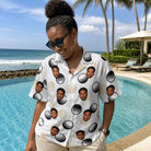 Real-life photo of someone wearing Women's Dimple Dash Custom Face Hawaiian Shirt — custom faces printed all-over
