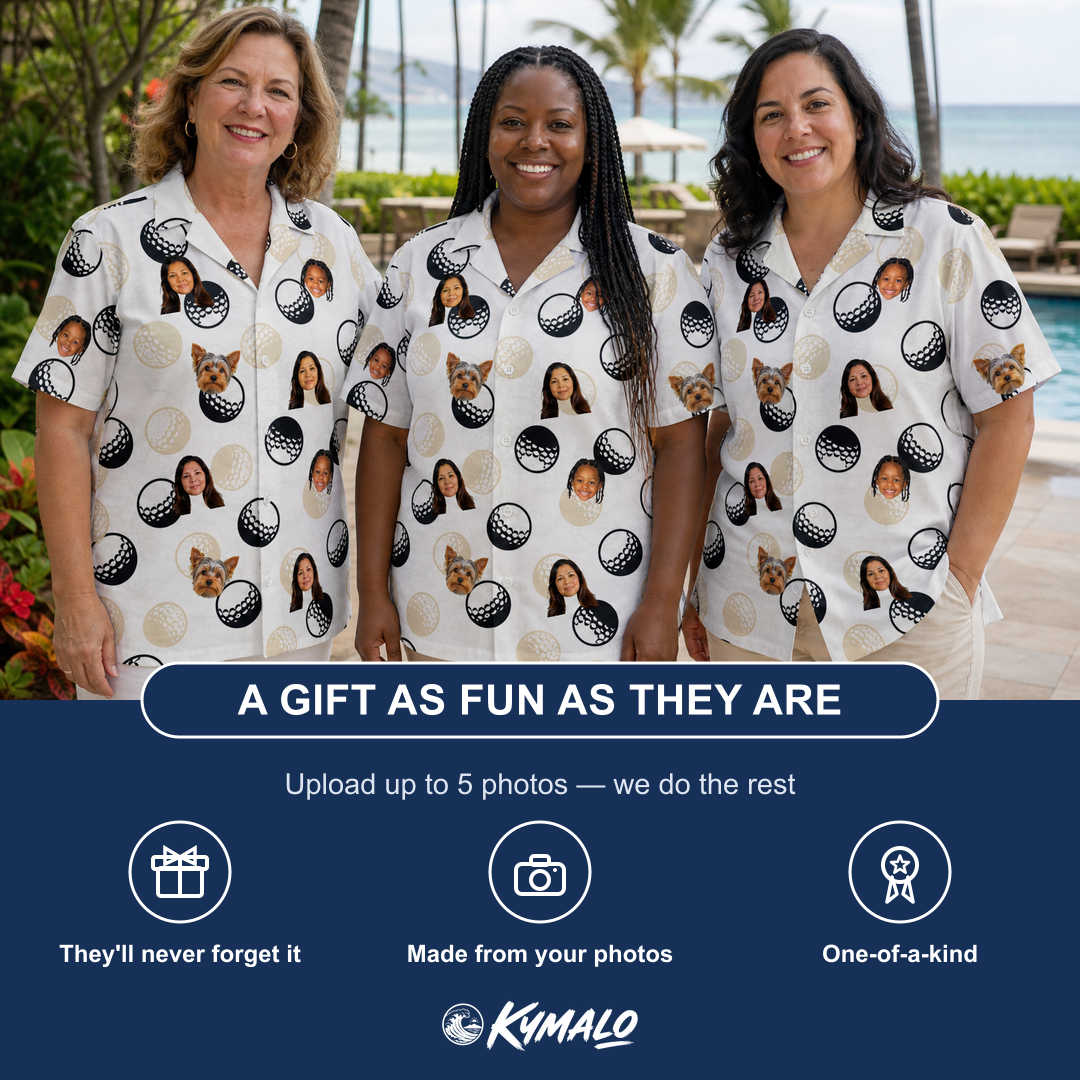 Friends in matching Women's Dimple Dash Custom Face Hawaiian Shirt — a group gift photo