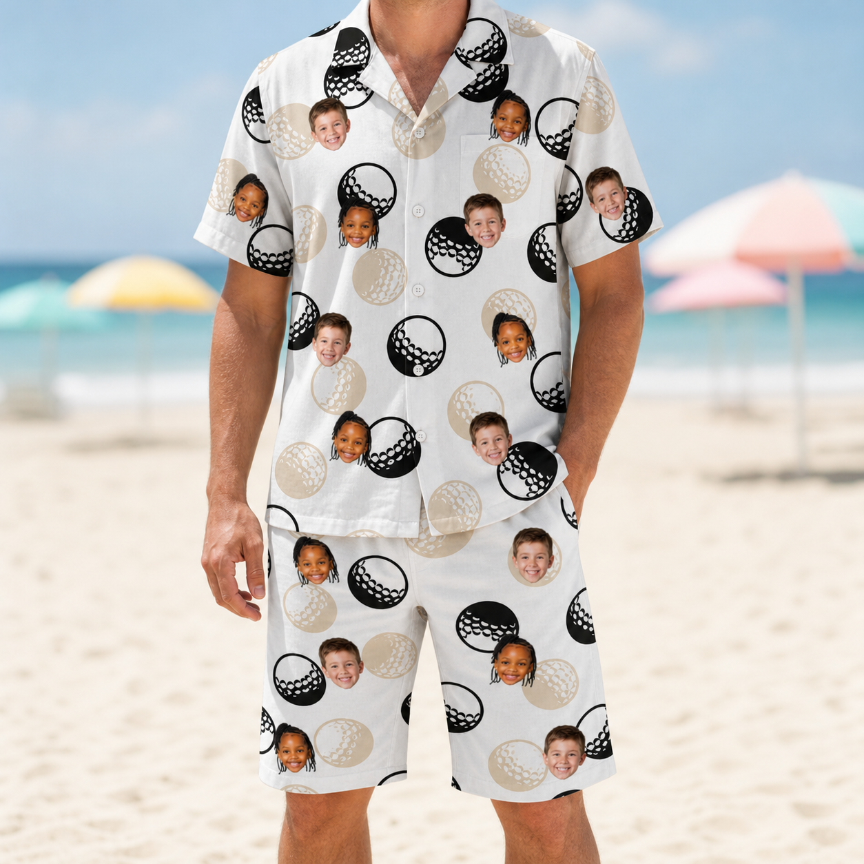 Model wearing Men's Dimple Dash Custom Face Shirt & Shorts Set printed with kids' faces