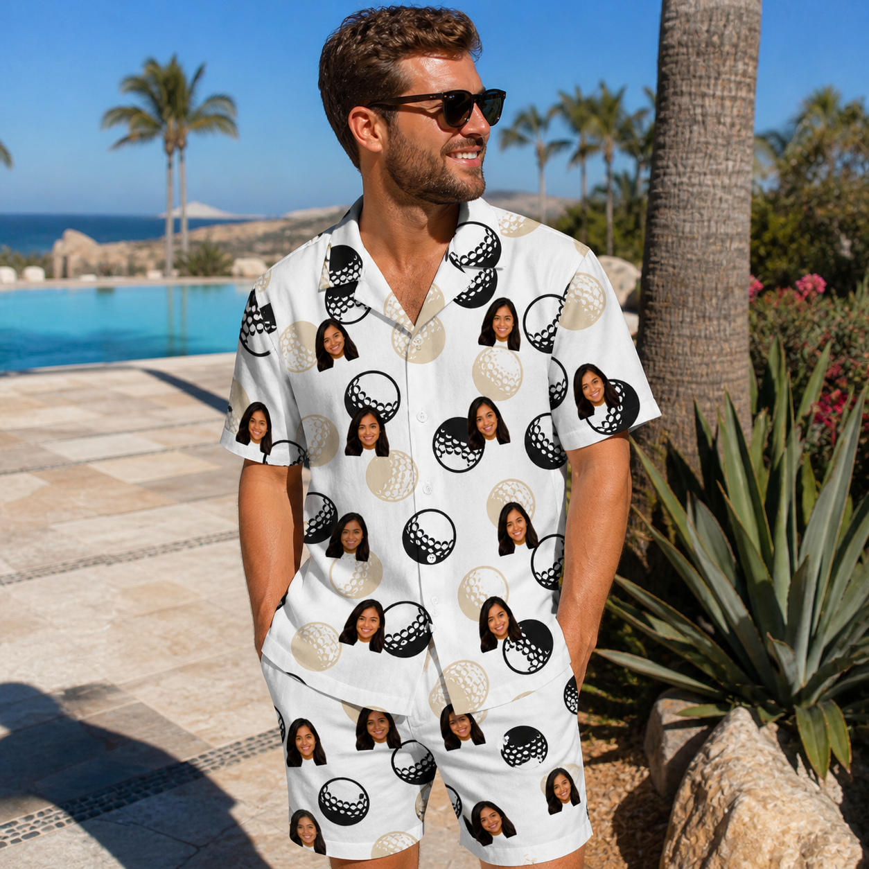 Real-life photo of someone wearing Men's Dimple Dash Custom Face Shirt & Shorts Set — custom faces printed all-over