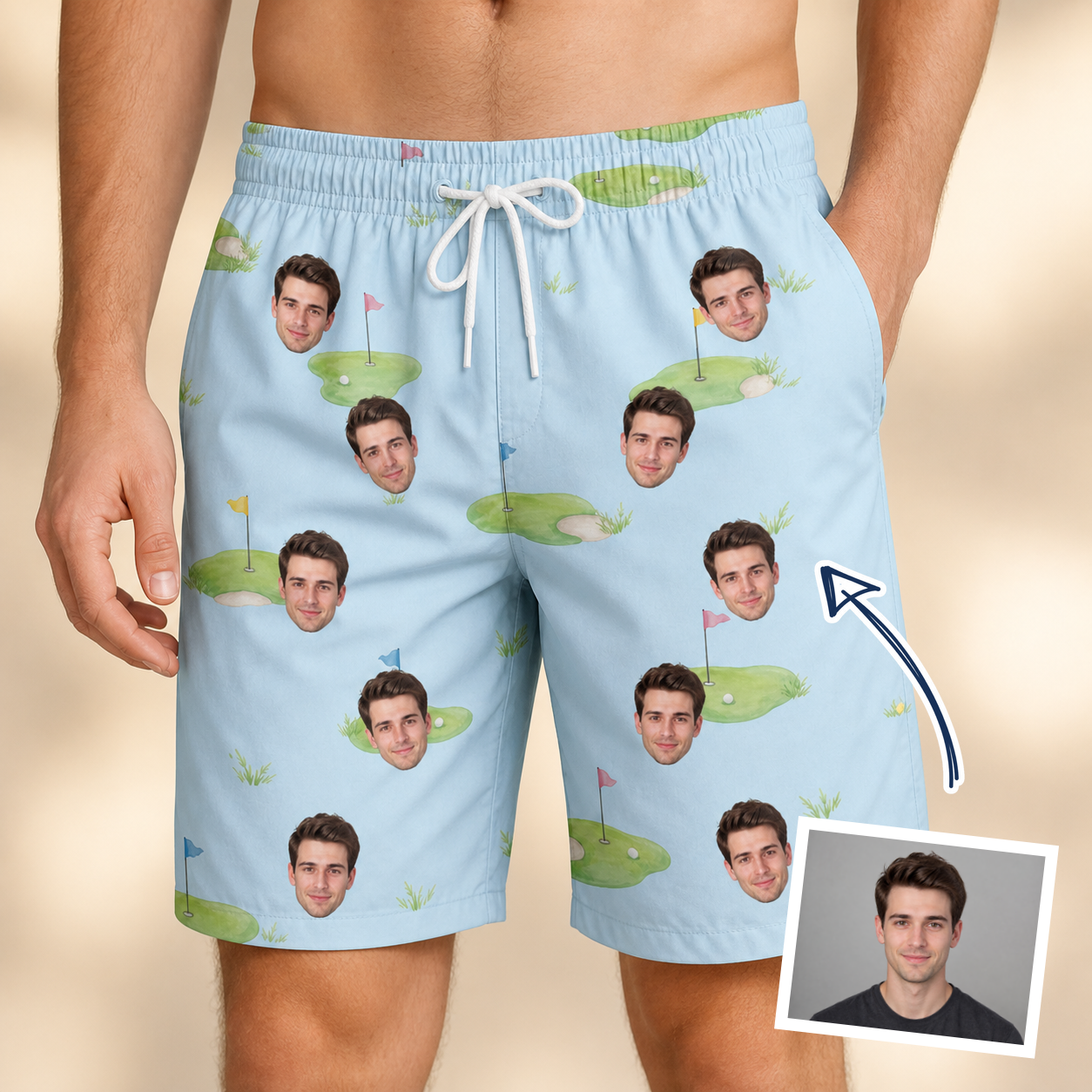 Man wearing Men's Turf Tactics Custom Face Beach Shorts — custom faces printed all-over