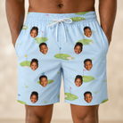 Model wearing Men's Turf Tactics Custom Face Beach Shorts printed with kids' faces