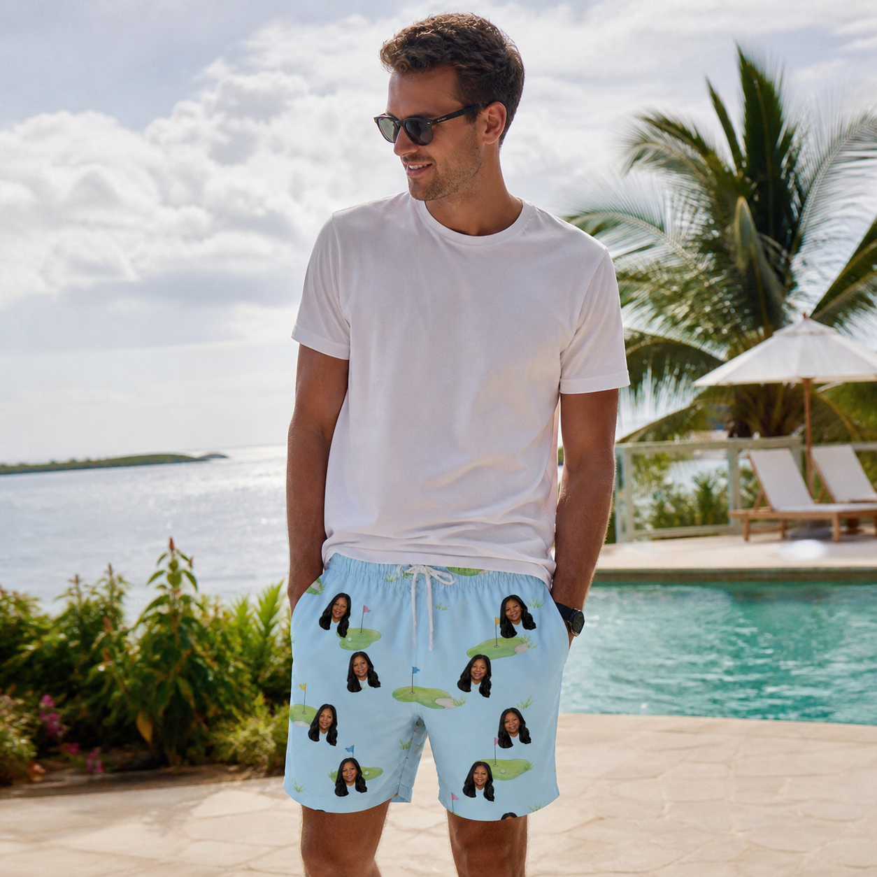 Real-life photo of someone wearing Men's Turf Tactics Custom Face Beach Shorts — custom faces printed all-over