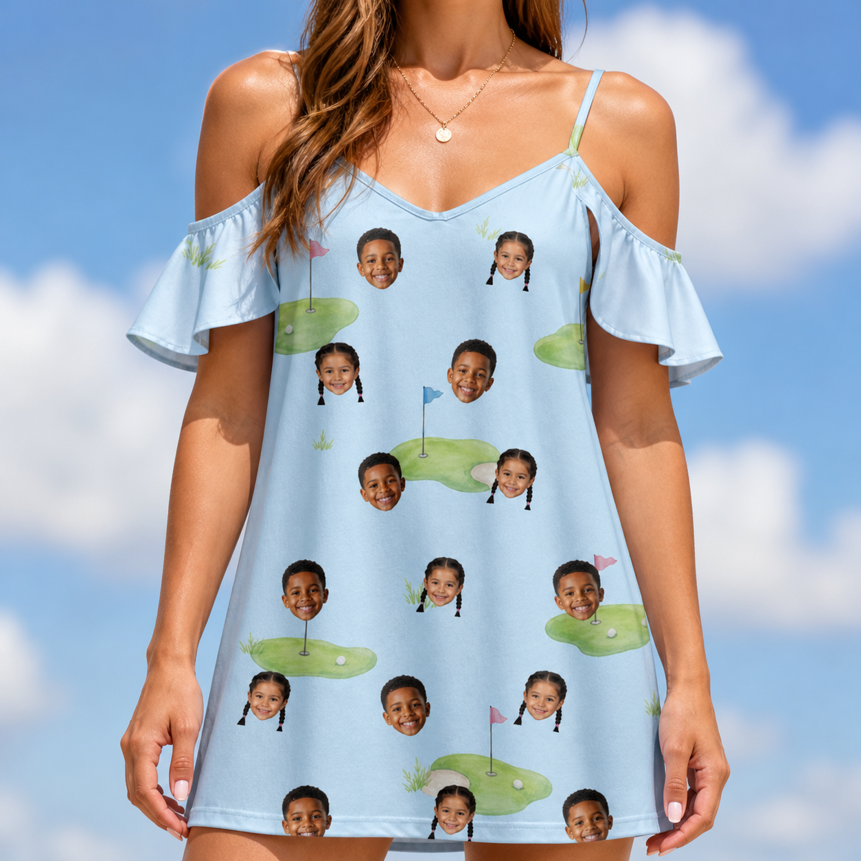 Model wearing Women's Turf Tactics Custom Face Off-Shoulder Dress printed with kids' faces