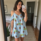 Real-life photo of someone wearing Women's Turf Tactics Custom Face Off-Shoulder Dress — custom faces printed all-over