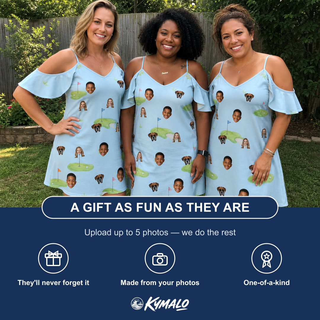 Friends in matching Women's Turf Tactics Custom Face Off-Shoulder Dress — a group gift photo
