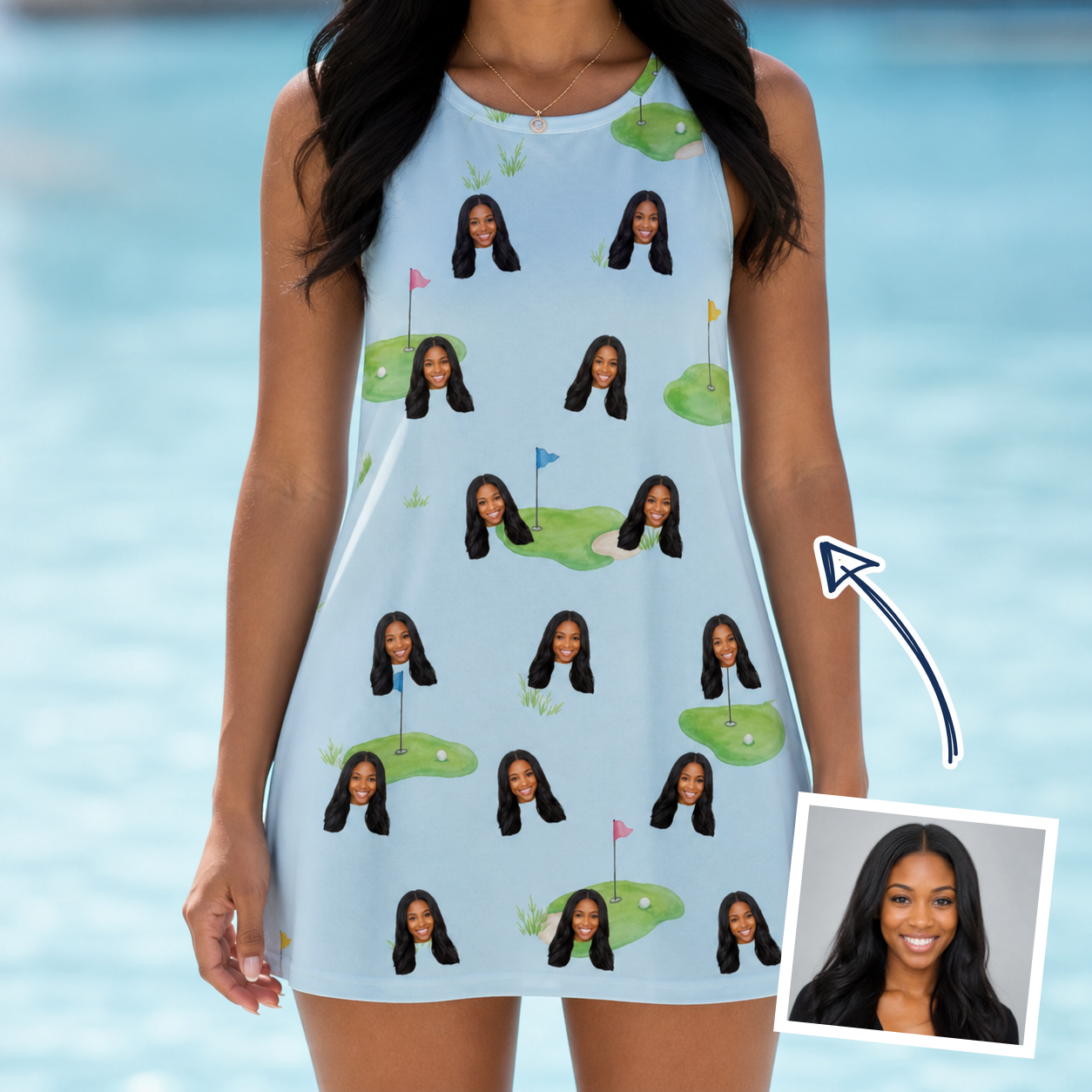 Woman wearing Women's Turf Tactics Custom Face Tank Dress — custom faces printed all-over