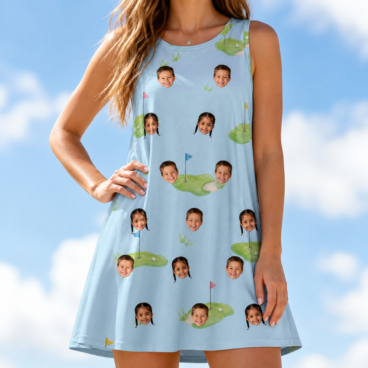 Model wearing Women's Turf Tactics Custom Face Tank Dress printed with kids' faces