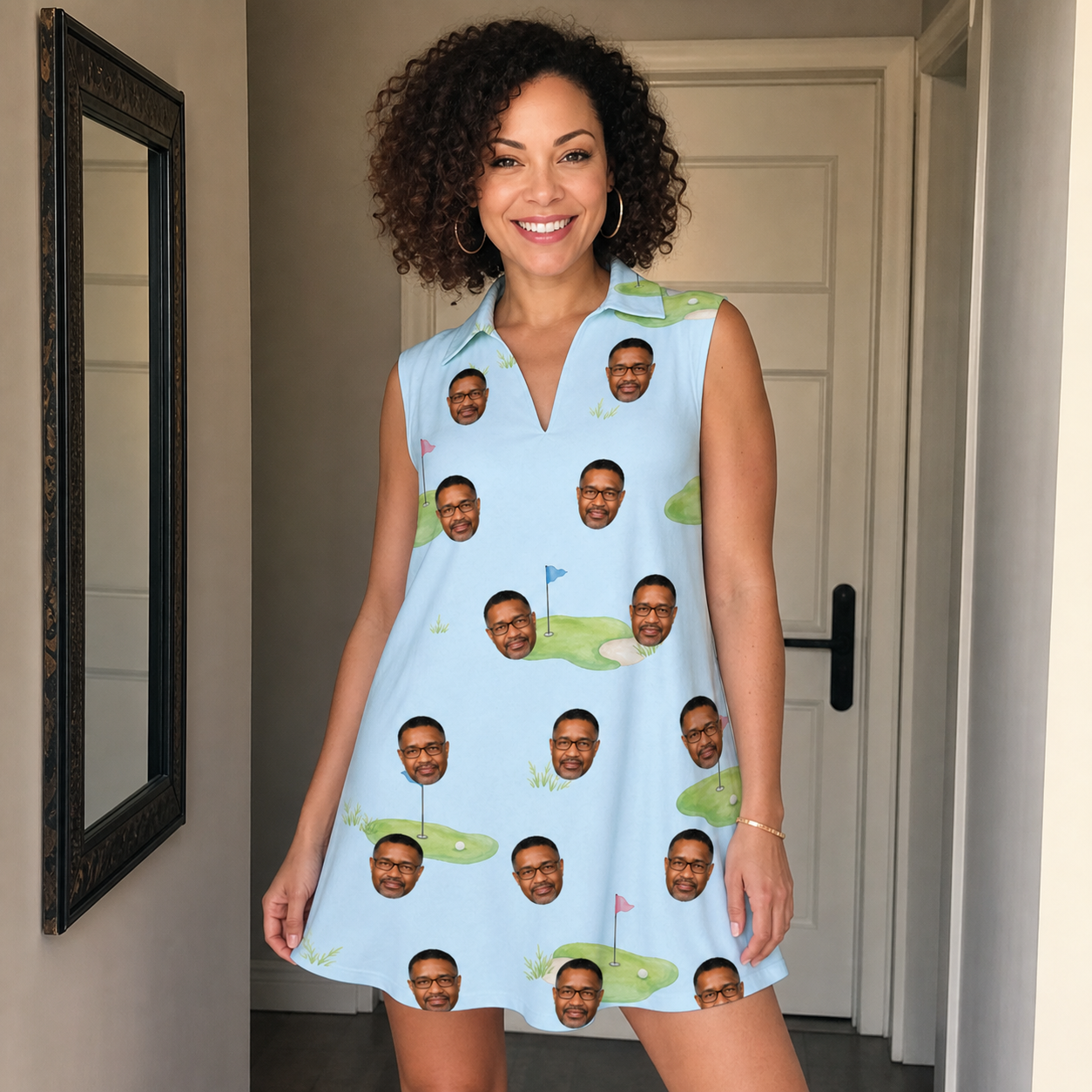 Real-life photo of someone wearing Women's Turf Tactics Custom Face V-Neck Dress — custom faces printed all-over