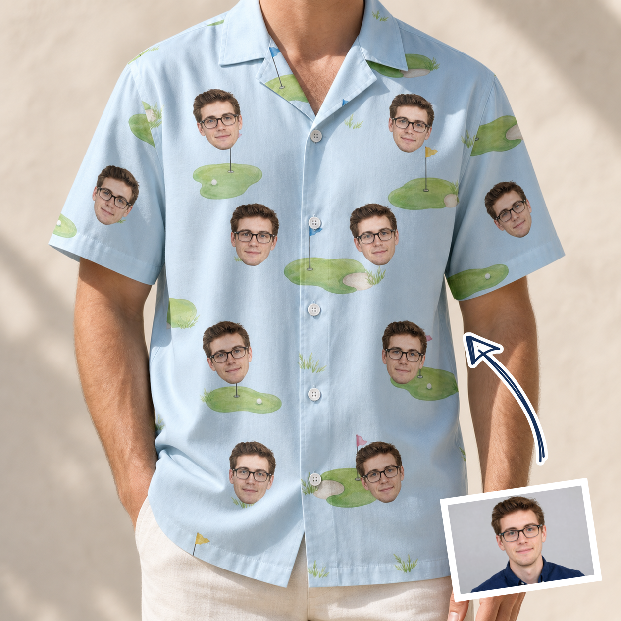 Man wearing Men's Turf Tactics Custom Face Hawaiian Shirt — custom faces printed all-over