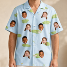 Model wearing Men's Turf Tactics Custom Face Hawaiian Shirt printed with kids' faces