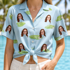 Woman wearing Women's Turf Tactics Custom Face Hawaiian Shirt tied at the waist