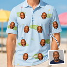 Man wearing Men's Turf Tactics Custom Face Polo Shirt — custom faces printed all-over