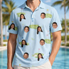 Model wearing Men's Turf Tactics Custom Face Polo Shirt printed with kids' faces