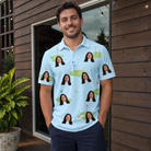 Real-life photo of someone wearing Men's Turf Tactics Custom Face Polo Shirt — custom faces printed all-over