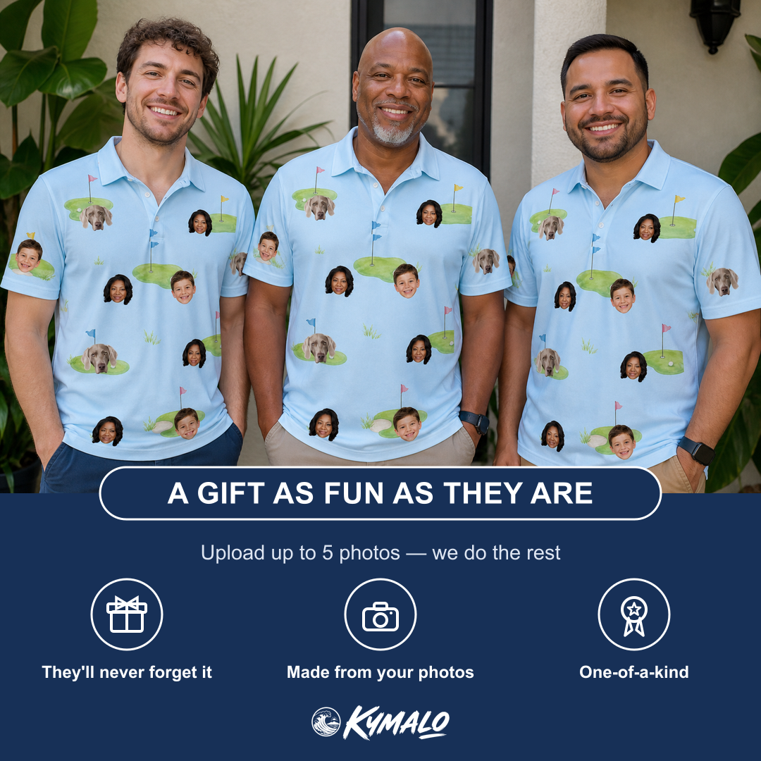 Friends in matching Men's Turf Tactics Custom Face Polo Shirt — a group gift photo