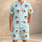 Model wearing Men's Turf Tactics Custom Face Shirt & Shorts Set printed with kids' faces