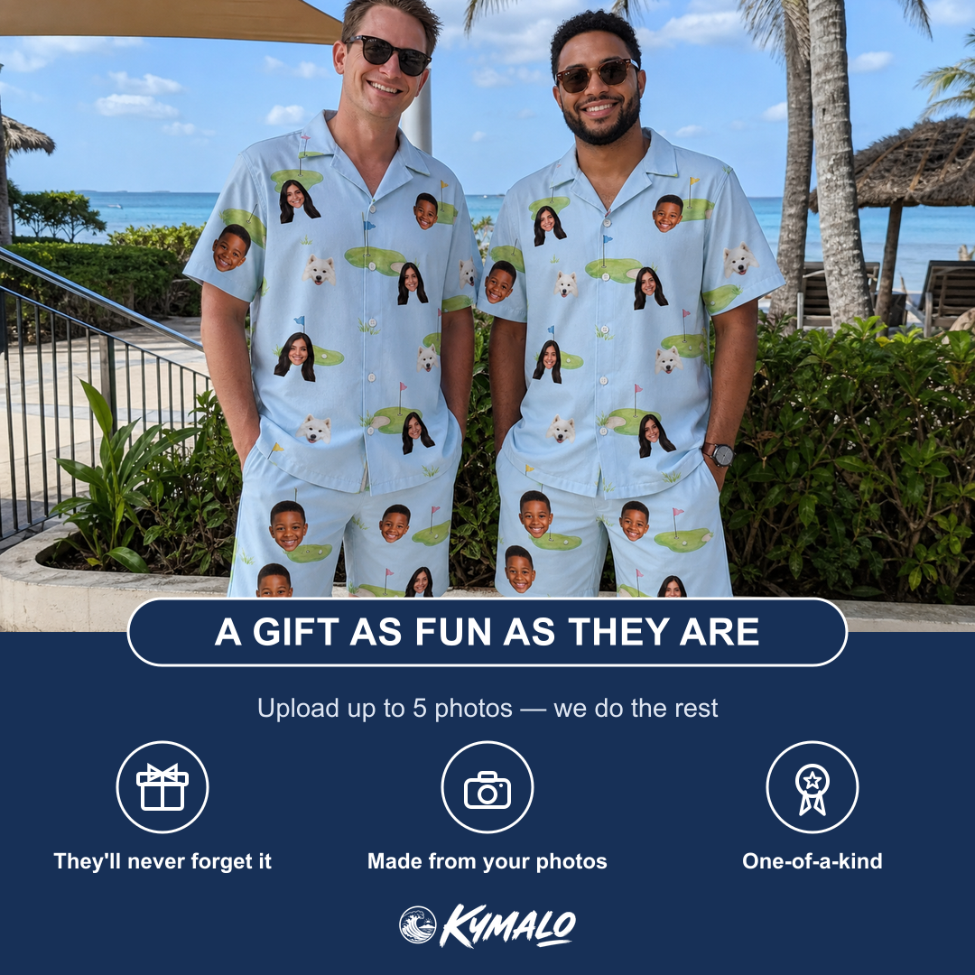 Friends in matching Men's Turf Tactics Custom Face Shirt & Shorts Set — a group gift photo