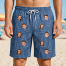 Model wearing Men's Needle Nineteen Custom Face Beach Shorts printed with kids' faces