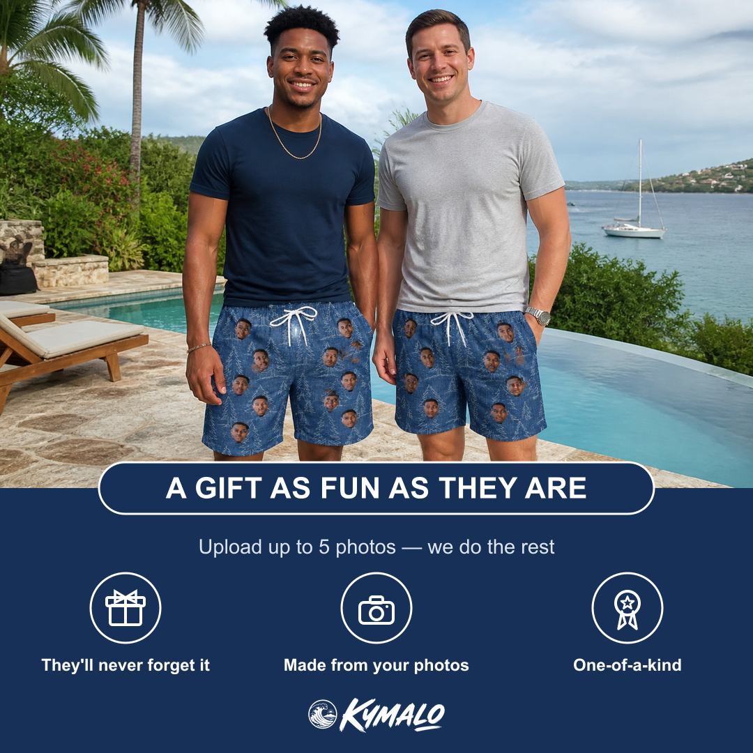 Friends in matching Men's Needle Nineteen Custom Face Beach Shorts — a group gift photo