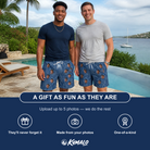 Friends in matching Men's Needle Nineteen Custom Face Beach Shorts — a group gift photo