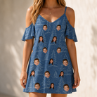 Model wearing Women's Needle Nineteen Custom Face Off-Shoulder Dress printed with kids' faces