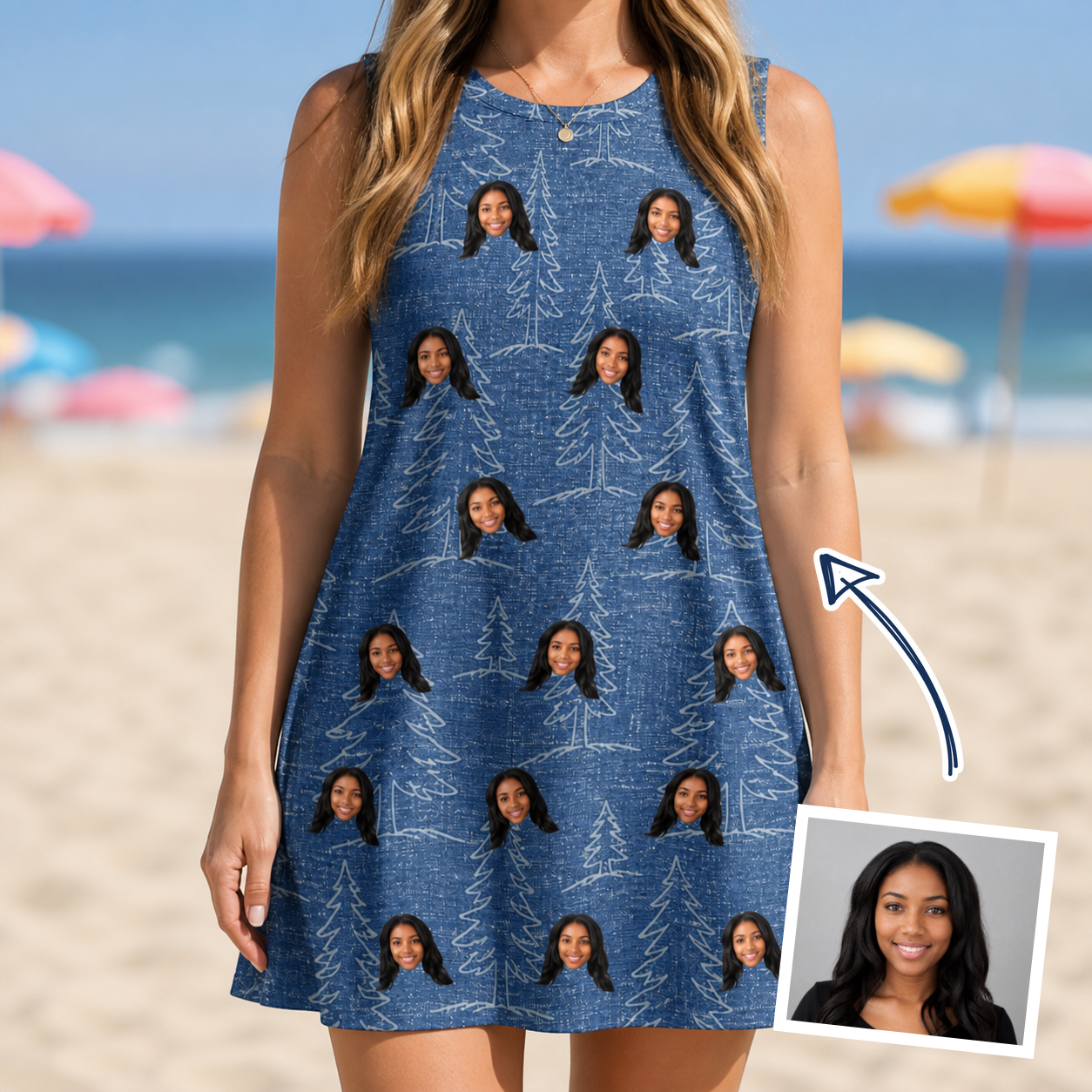 Woman wearing Women's Needle Nineteen Custom Face Tank Dress — custom faces printed all-over