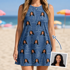 Woman wearing Women's Needle Nineteen Custom Face Tank Dress — custom faces printed all-over