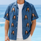Man wearing Men's Needle Nineteen Custom Face Hawaiian Shirt open over a white tee