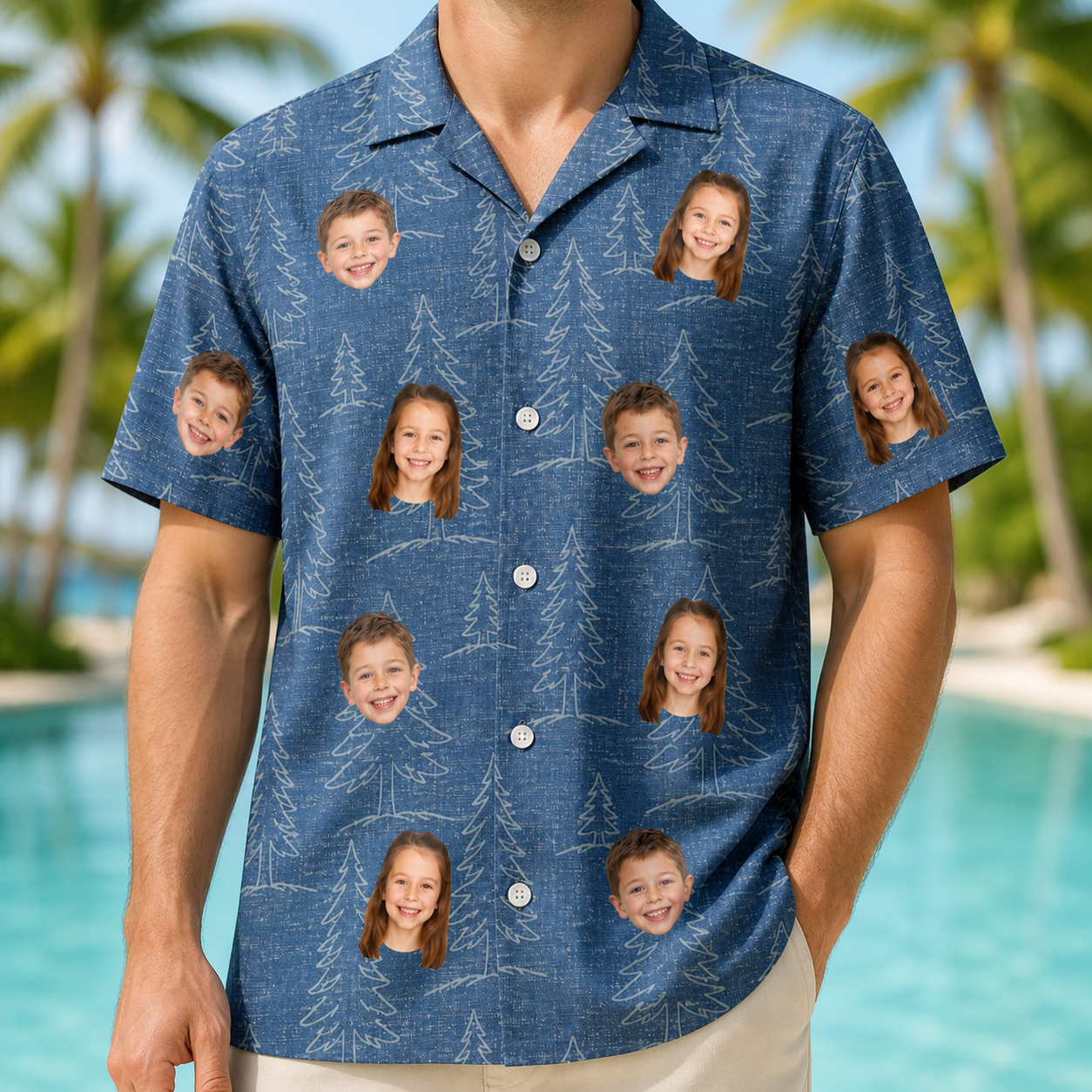 Model wearing Men's Needle Nineteen Custom Face Hawaiian Shirt printed with kids' faces