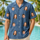 Model wearing Men's Needle Nineteen Custom Face Hawaiian Shirt printed with kids' faces