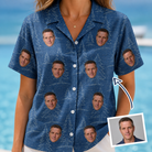 Woman wearing Women's Needle Nineteen Custom Face Hawaiian Shirt — custom faces printed all-over