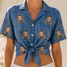 Woman wearing Women's Needle Nineteen Custom Face Hawaiian Shirt tied at the waist
