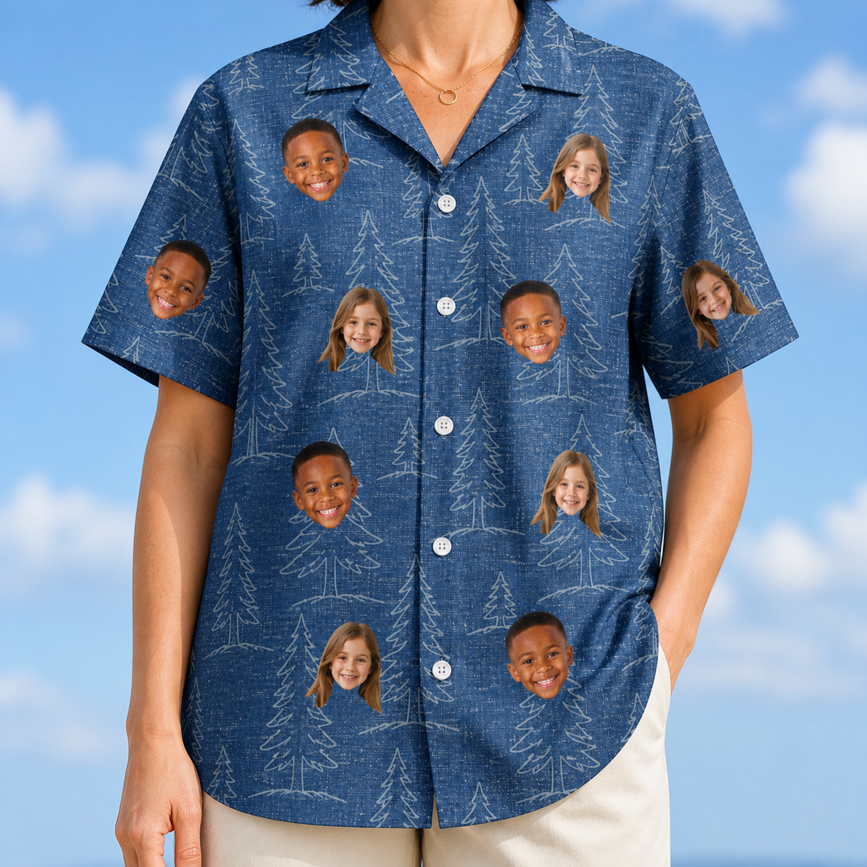 Model wearing Women's Needle Nineteen Custom Face Hawaiian Shirt printed with kids' faces