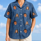 Model wearing Women's Needle Nineteen Custom Face Hawaiian Shirt printed with kids' faces