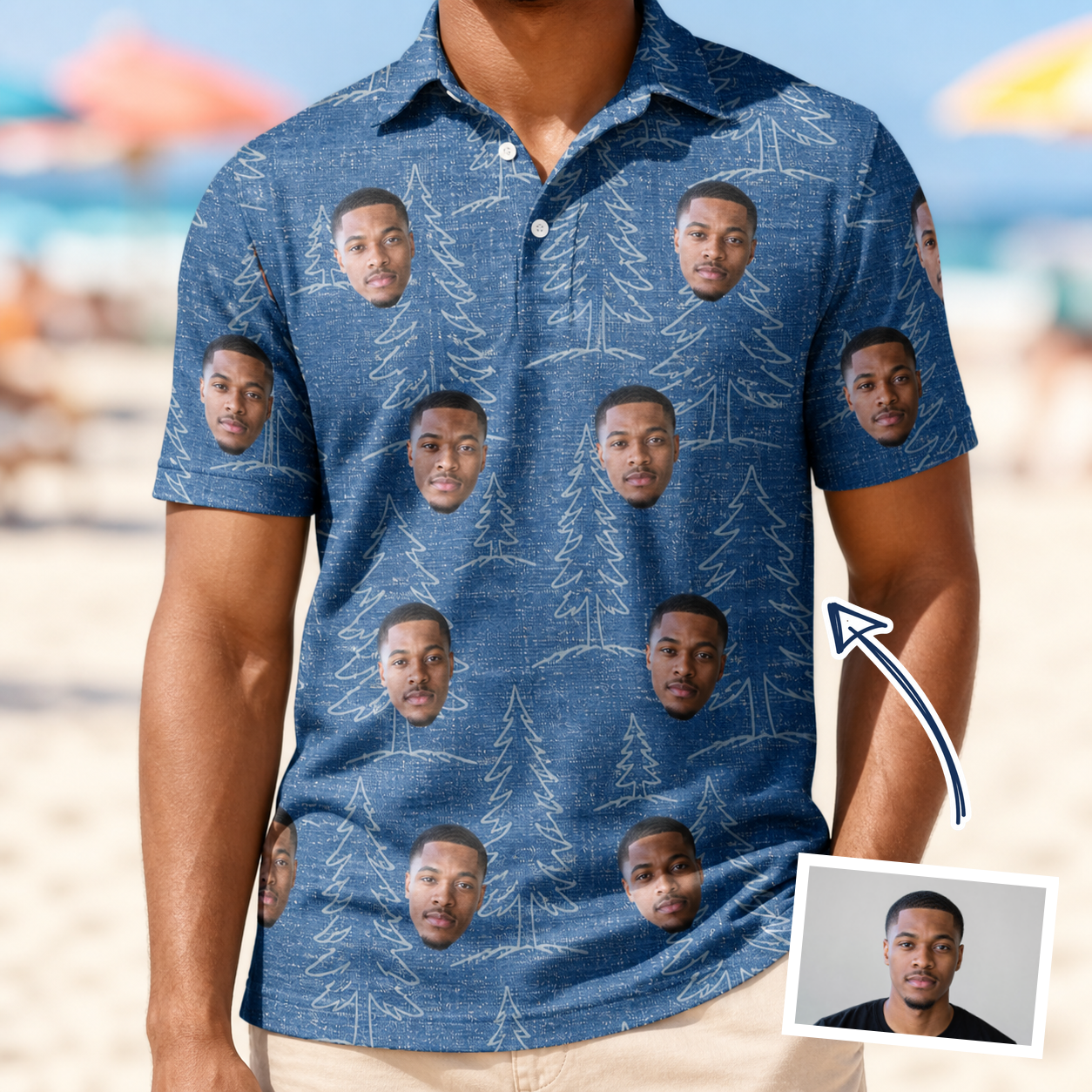 Man wearing Men's Needle Nineteen Custom Face Polo Shirt — custom faces printed all-over