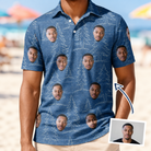 Man wearing Men's Needle Nineteen Custom Face Polo Shirt — custom faces printed all-over