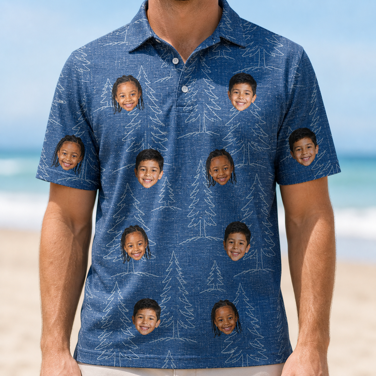 Model wearing Men's Needle Nineteen Custom Face Polo Shirt printed with kids' faces