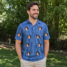 Real-life photo of someone wearing Men's Needle Nineteen Custom Face Polo Shirt — custom faces printed all-over