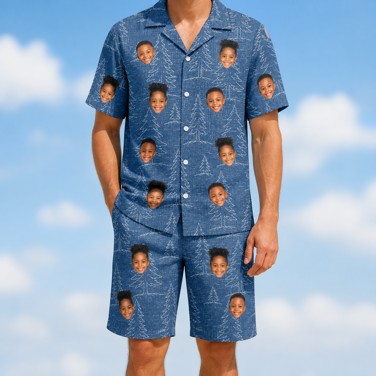 Model wearing Men's Needle Nineteen Custom Face Shirt & Shorts Set printed with kids' faces