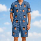 Model wearing Men's Needle Nineteen Custom Face Shirt & Shorts Set printed with kids' faces