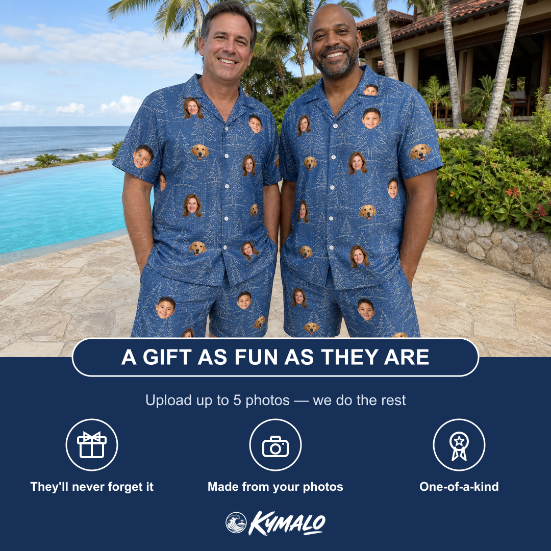 Friends in matching Men's Needle Nineteen Custom Face Shirt & Shorts Set — a group gift photo