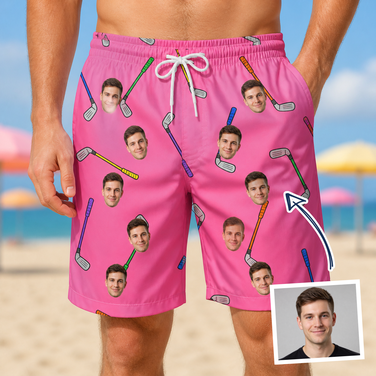 Man wearing Men's Loft Legends Custom Face Beach Shorts — custom faces printed all-over