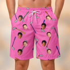 Model wearing Men's Loft Legends Custom Face Beach Shorts printed with kids' faces
