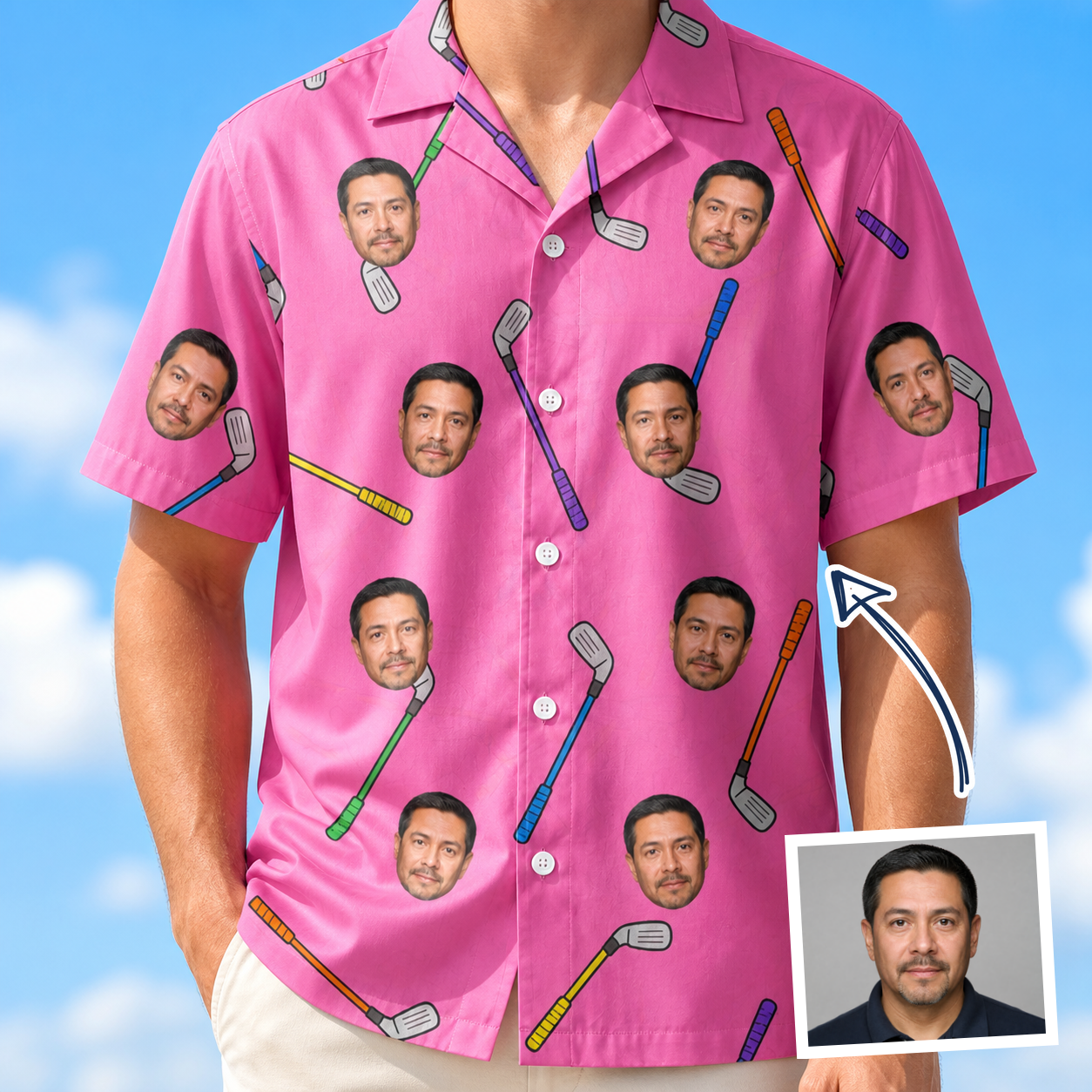 Man wearing Men's Loft Legends Custom Face Hawaiian Shirt — custom faces printed all-over