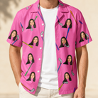 Man wearing Men's Loft Legends Custom Face Hawaiian Shirt open over a white tee